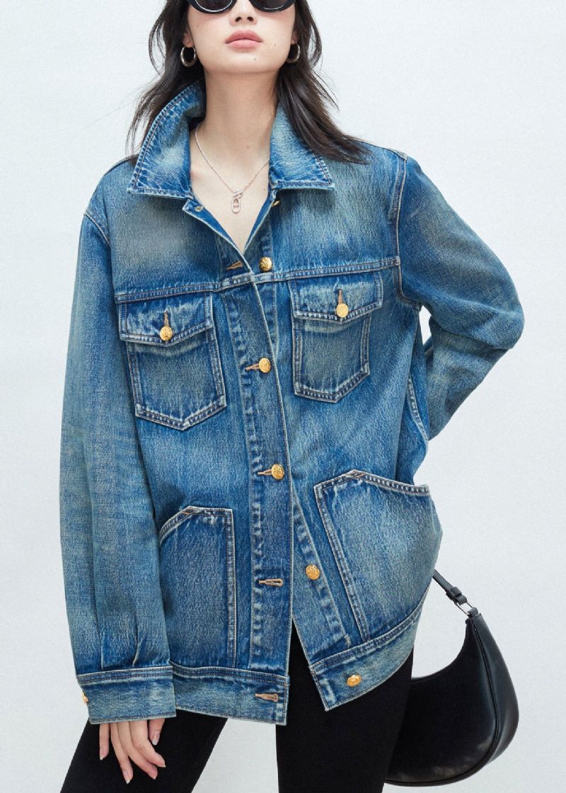 Nieuwe Blauwe Peter Pan Kraag Knoop Patchwork Denim Jas Herfst - Dames winterjassen