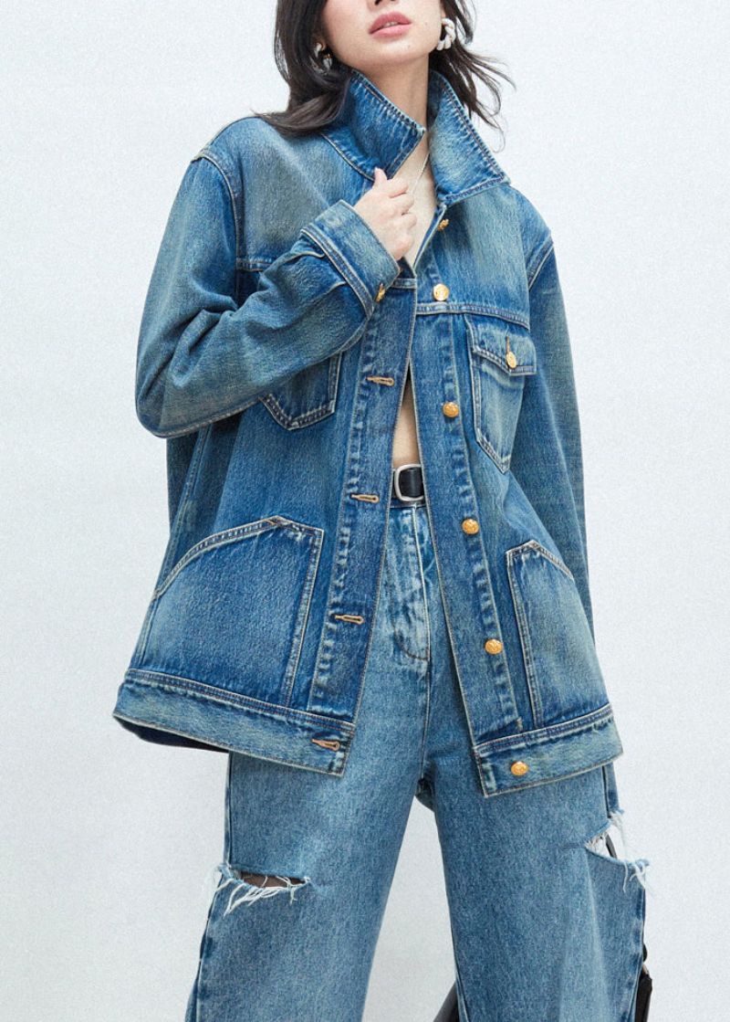 Nieuwe Blauwe Peter Pan Kraag Knoop Patchwork Denim Jas Herfst - Dames winterjassen