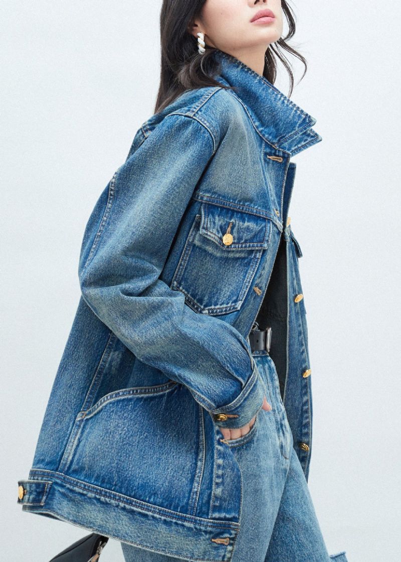 Nieuwe Blauwe Peter Pan Kraag Knoop Patchwork Denim Jas Herfst - Dames winterjassen