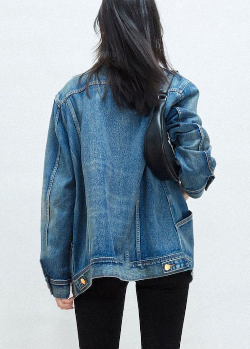 Nieuwe Blauwe Peter Pan Kraag Knoop Patchwork Denim Jas Herfst - Dames winterjassen