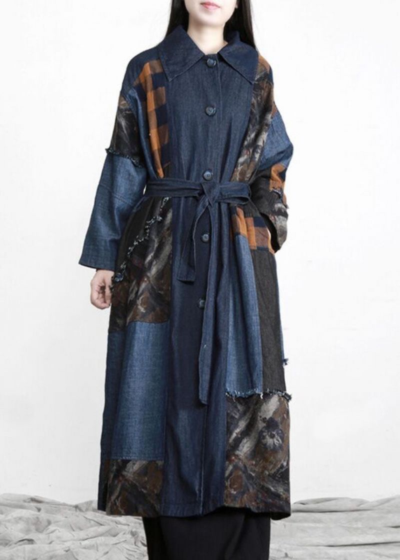 Nieuwe Denimblauwe Patchwork Knoopsluiting In De Taille Herfsttrenchcoats