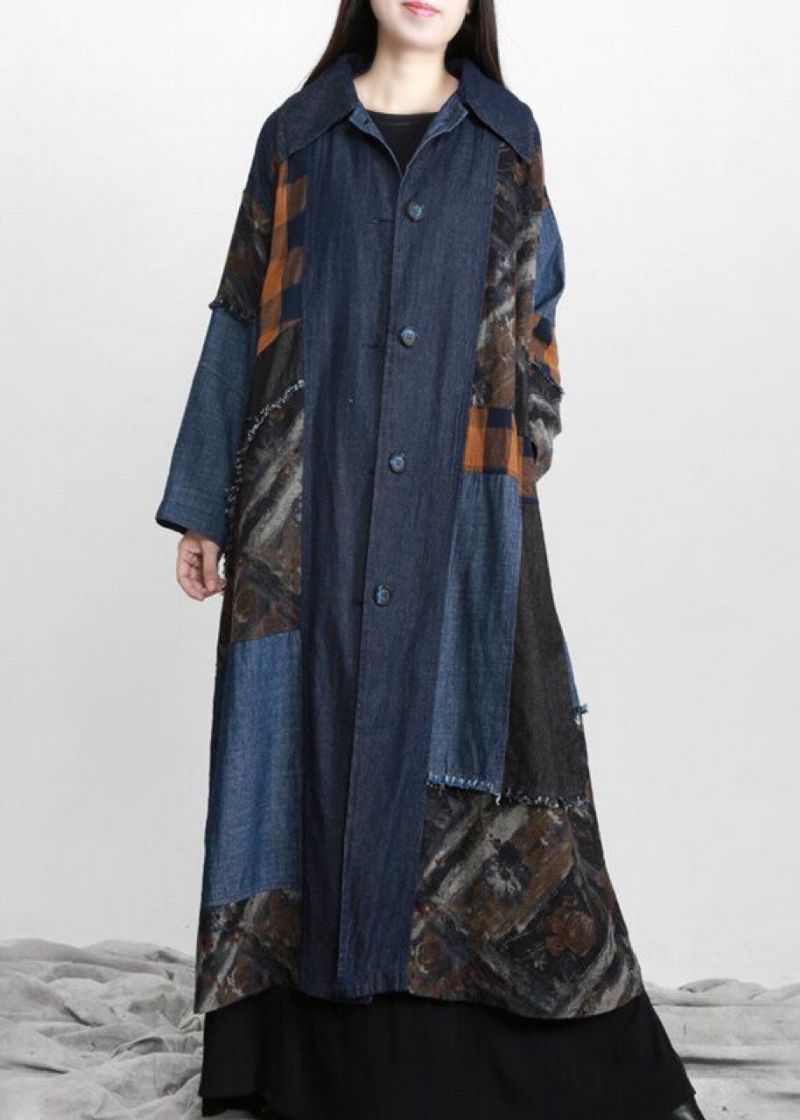 Nieuwe Denimblauwe Patchwork Knoopsluiting In De Taille Herfsttrenchcoats - Dames winterjassen