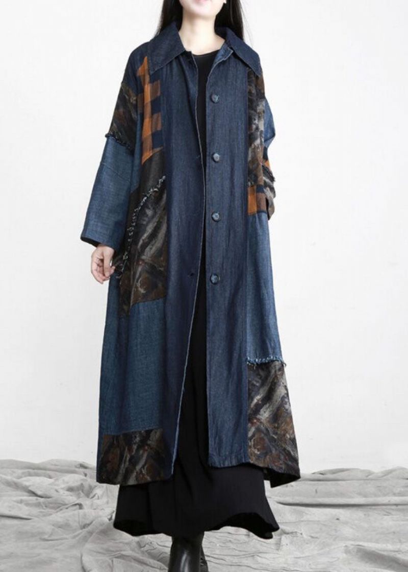 Nieuwe Denimblauwe Patchwork Knoopsluiting In De Taille Herfsttrenchcoats - Dames winterjassen