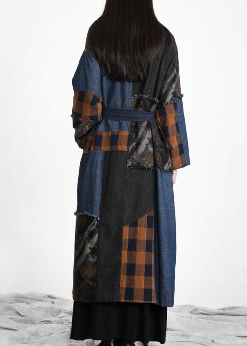 Nieuwe Denimblauwe Patchwork Knoopsluiting In De Taille Herfsttrenchcoats - Dames winterjassen