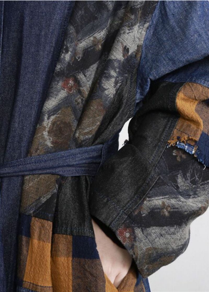 Nieuwe Denimblauwe Patchwork Knoopsluiting In De Taille Herfsttrenchcoats - Dames winterjassen