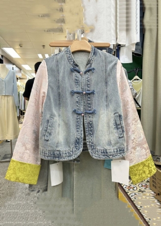 Nieuwe Gele Knoop-patchwork-denimjassen Met Lange Mouwen