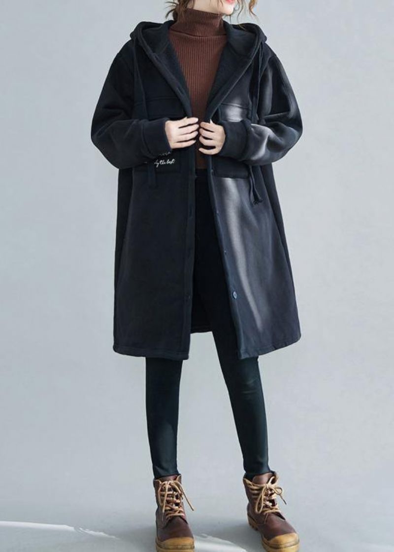 Nieuwe Plus Size Sneeuwjassen Zwarte Borduursels Casual Outfit Met Capuchon En Zakken - Grijs