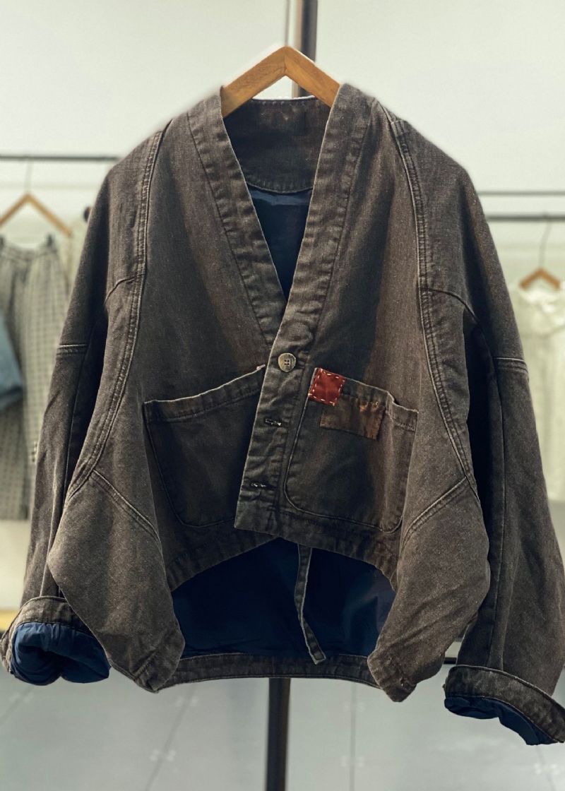 Originele Retro Blauwe Asymmetrische Denim Jassen Met Patch En Vleermuismouwen - Dames winterjassen