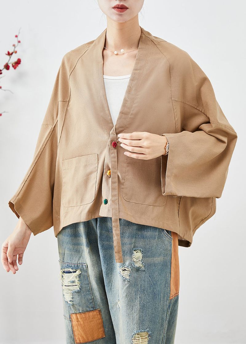 Plus Maat Kaki Oversized Zakken Linnen Jassen Vleermuismouw - Dames winterjassen