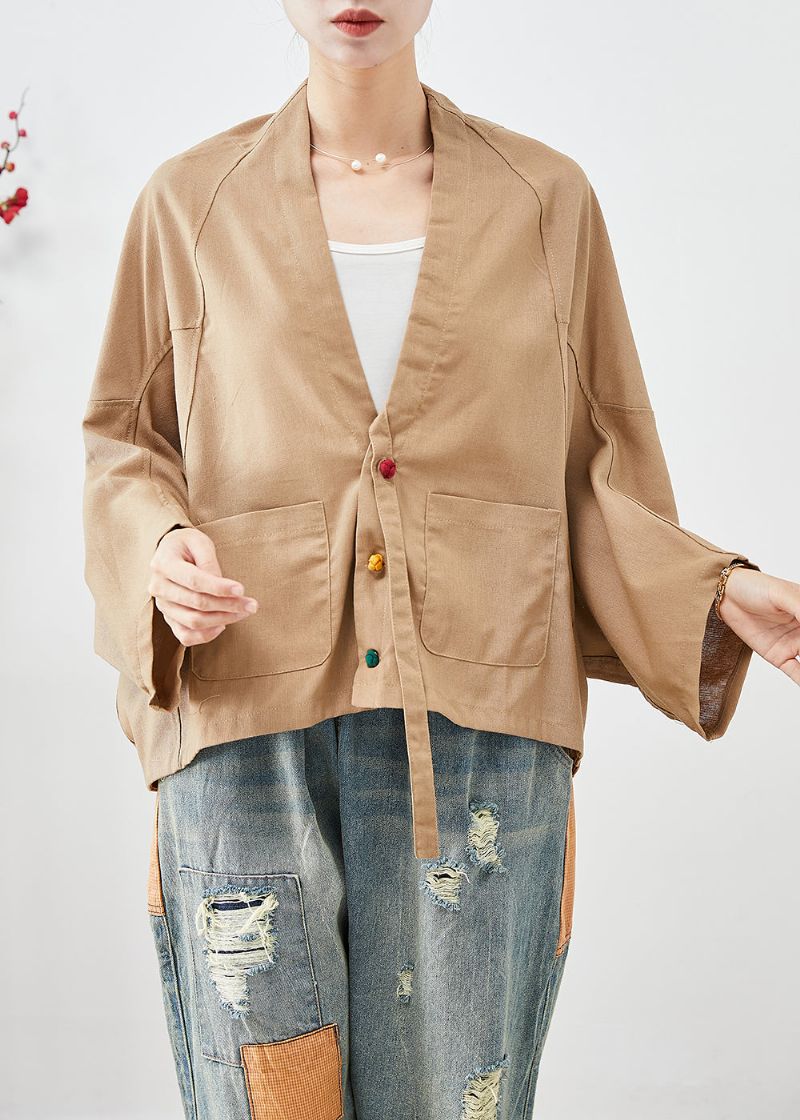 Plus Maat Kaki Oversized Zakken Linnen Jassen Vleermuismouw - Dames winterjassen