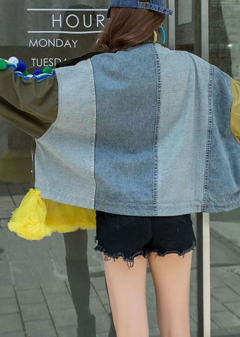 Plus Maat Legergroen Opstaande Kraag Knopenprint Patchwork Herfst Denim Jas Met Lange Mouwen - Dames winterjassen