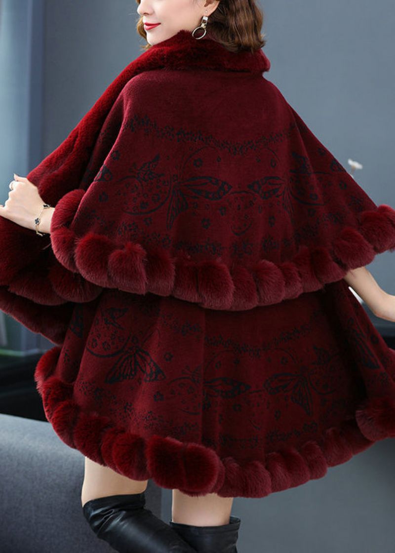 Plus Maat Wijnrode Bontkraag Print Patchwork Wollen Jas Herfst - Dames winterjassen