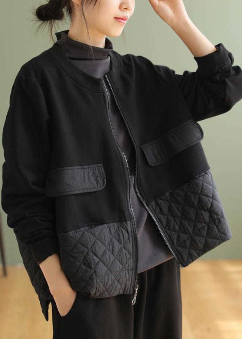 Plus Maat Zwart Patchwork Warm Fleecejack Met Ritssluiting Lente