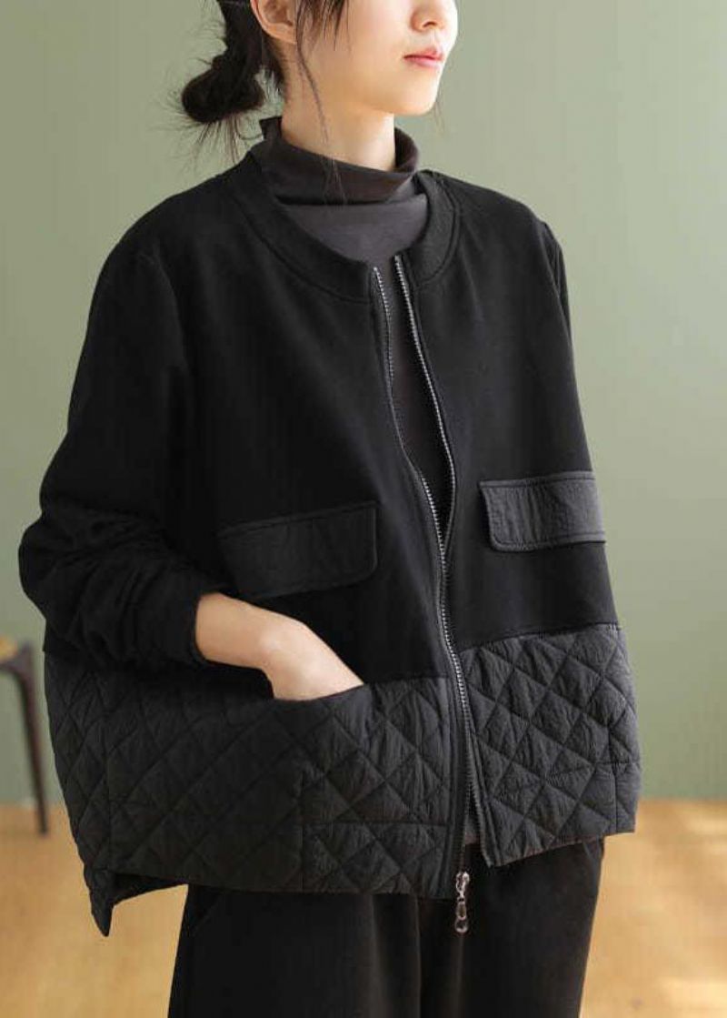 Plus Maat Zwart Patchwork Warm Fleecejack Met Ritssluiting Lente - Dames winterjassen