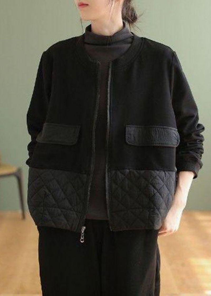 Plus Maat Zwart Patchwork Warm Fleecejack Met Ritssluiting Lente - Dames winterjassen