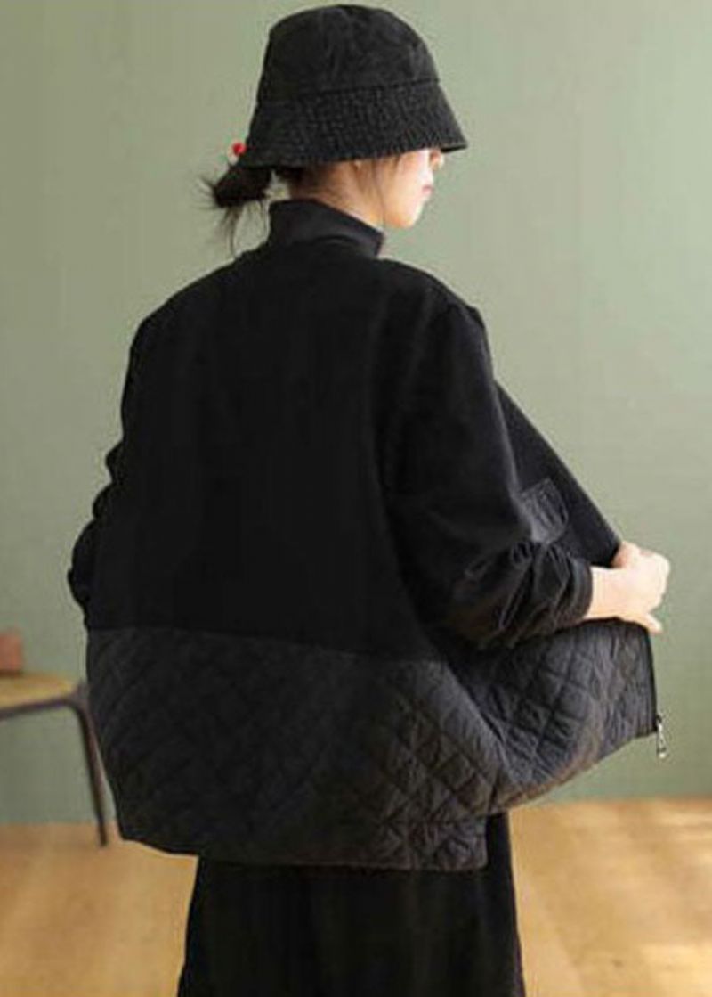 Plus Maat Zwart Patchwork Warm Fleecejack Met Ritssluiting Lente - Dames winterjassen
