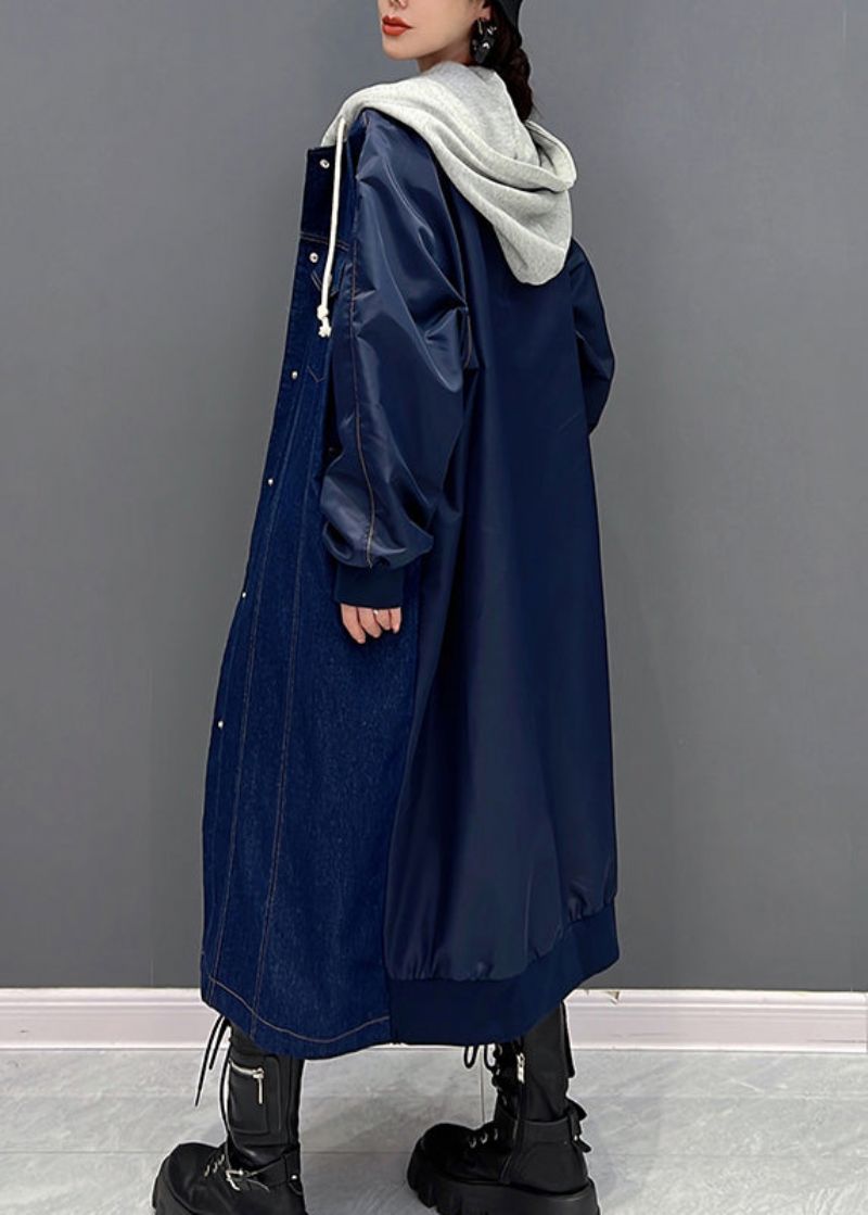 Plus Size Denim Blauwe Patchwork Jas Met Capuchon En Knopen Herfst - Blauw