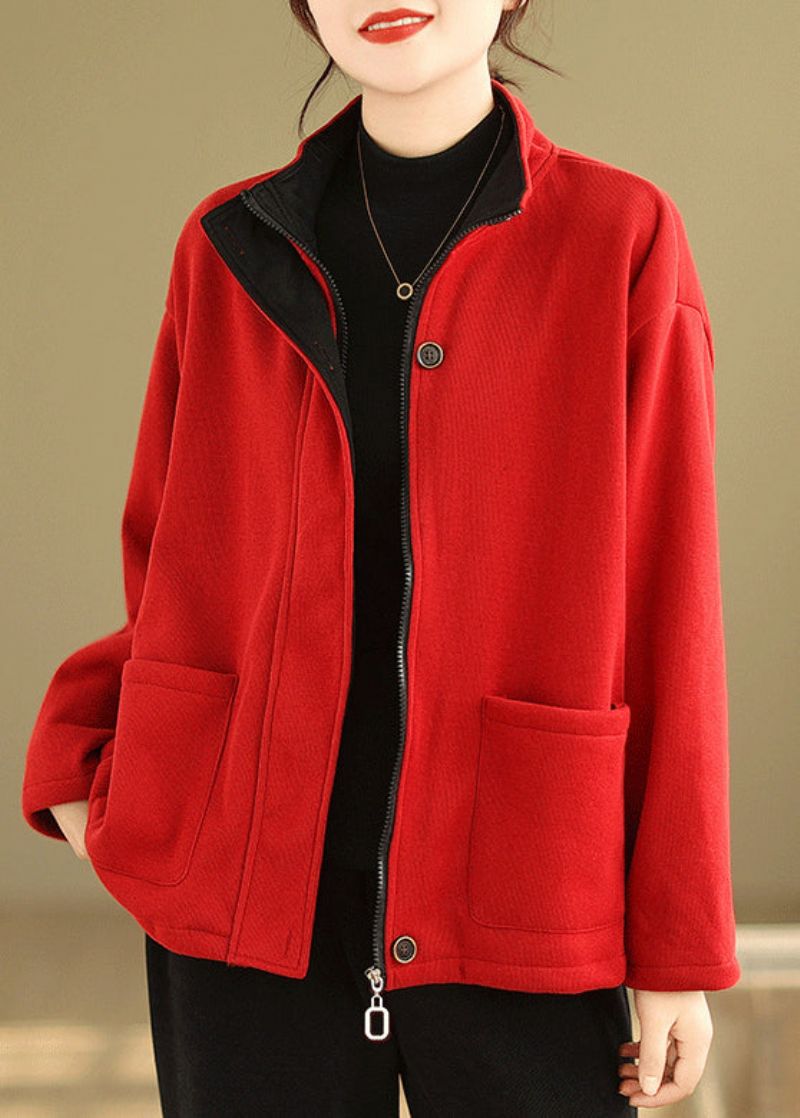 Rode Knoop Losse Warme Fleece Jas Met Opstaande Kraag En Lange Mouw - Dames winterjassen