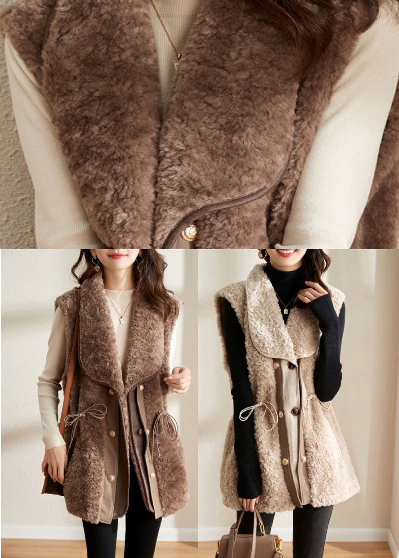 Slim-fit Beige Getande Patchwork-vest Met Dikke Imitatiebont-vesten Herfst - Beige