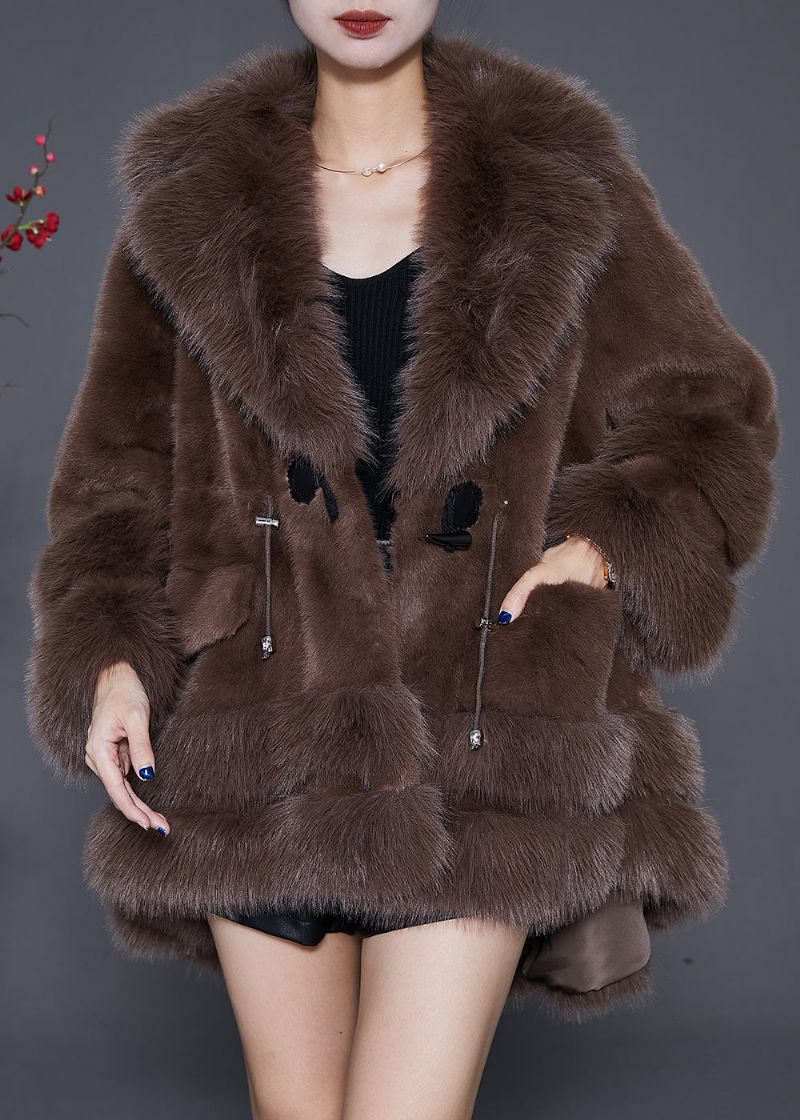 Stijl Chocolade Oversized Laag Hoog Ontwerp Fuzzy Bont Pluizig Jack Winter - Dames winterjassen