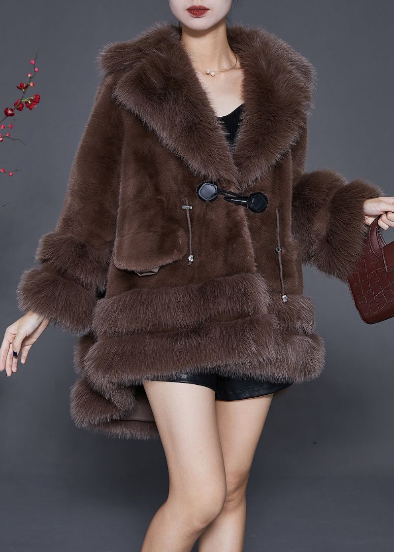 Stijl Chocolade Oversized Laag Hoog Ontwerp Fuzzy Bont Pluizig Jack Winter - Dames winterjassen
