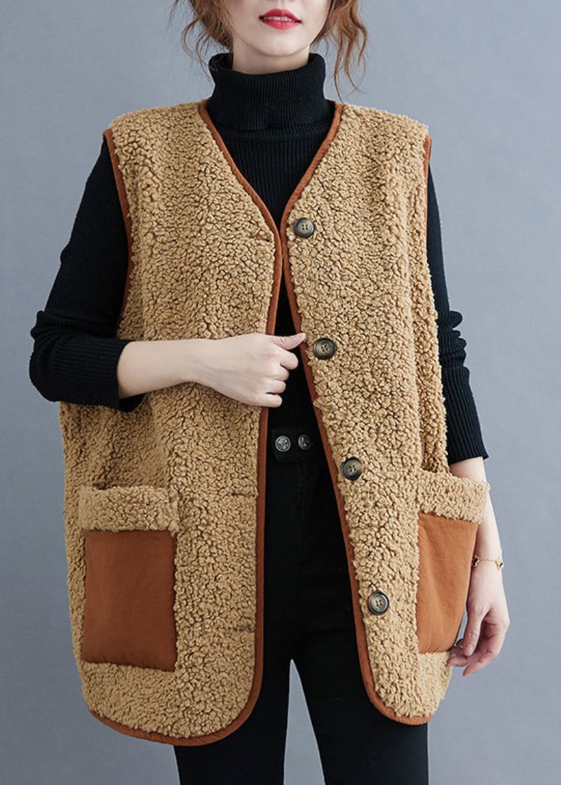 Stijl Kaki Gilet Met V-hals En Knoopteddy Van Imitatiebont Herfst - Kaki