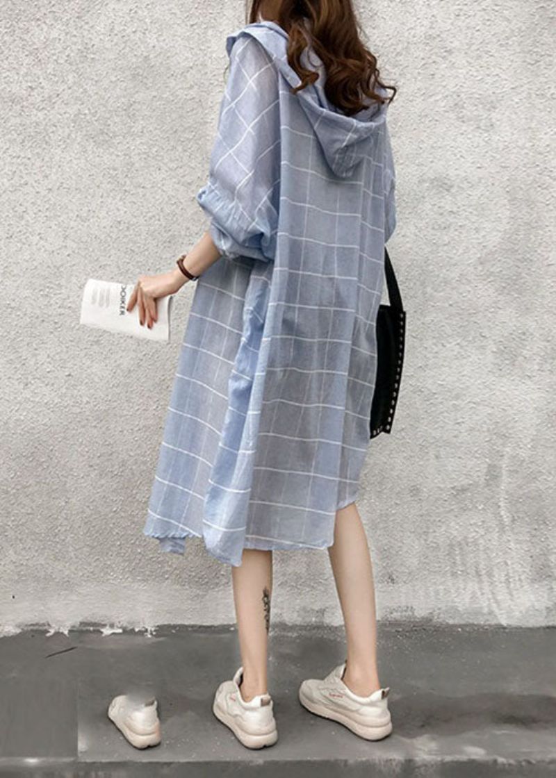 Stijlvolle Blauwe Geruite Katoenen Trenchcoat Met Capuchon En Lente - Dames winterjassen