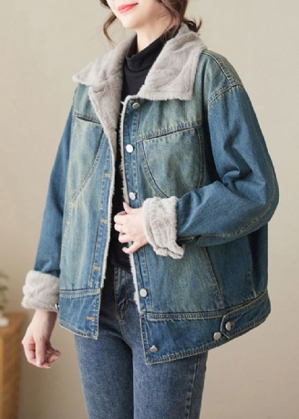 Stijlvolle Blauwe Peter Pan-kraag Patchwork Warme Fleece Denimjassen Winter