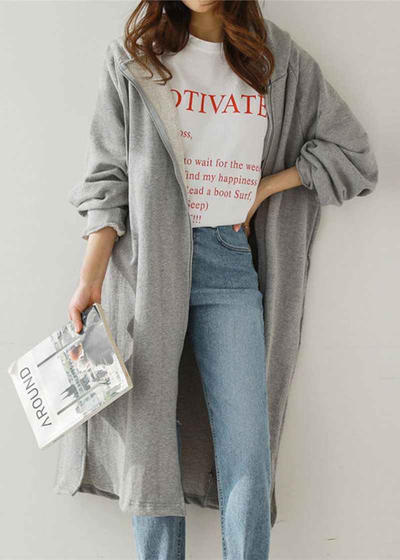 Stijlvolle Grijze Capuchon Met Ritssluiting Warme Fleece Uitloper Lente