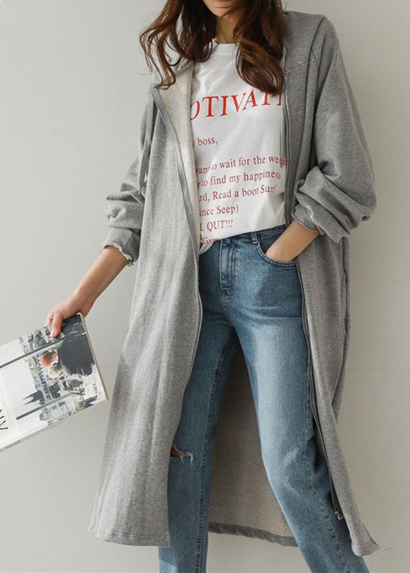 Stijlvolle Grijze Capuchon Met Ritssluiting Warme Fleece Uitloper Lente - Dames winterjassen