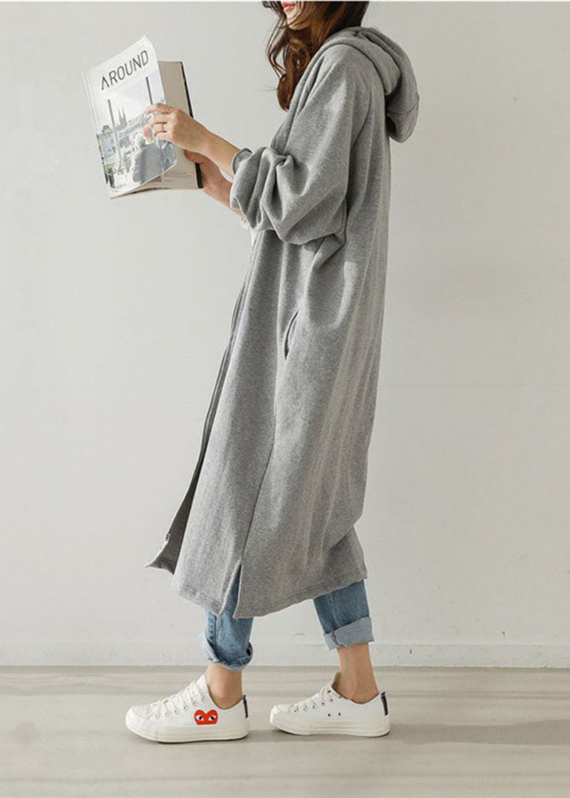 Stijlvolle Grijze Capuchon Met Ritssluiting Warme Fleece Uitloper Lente - Dames winterjassen