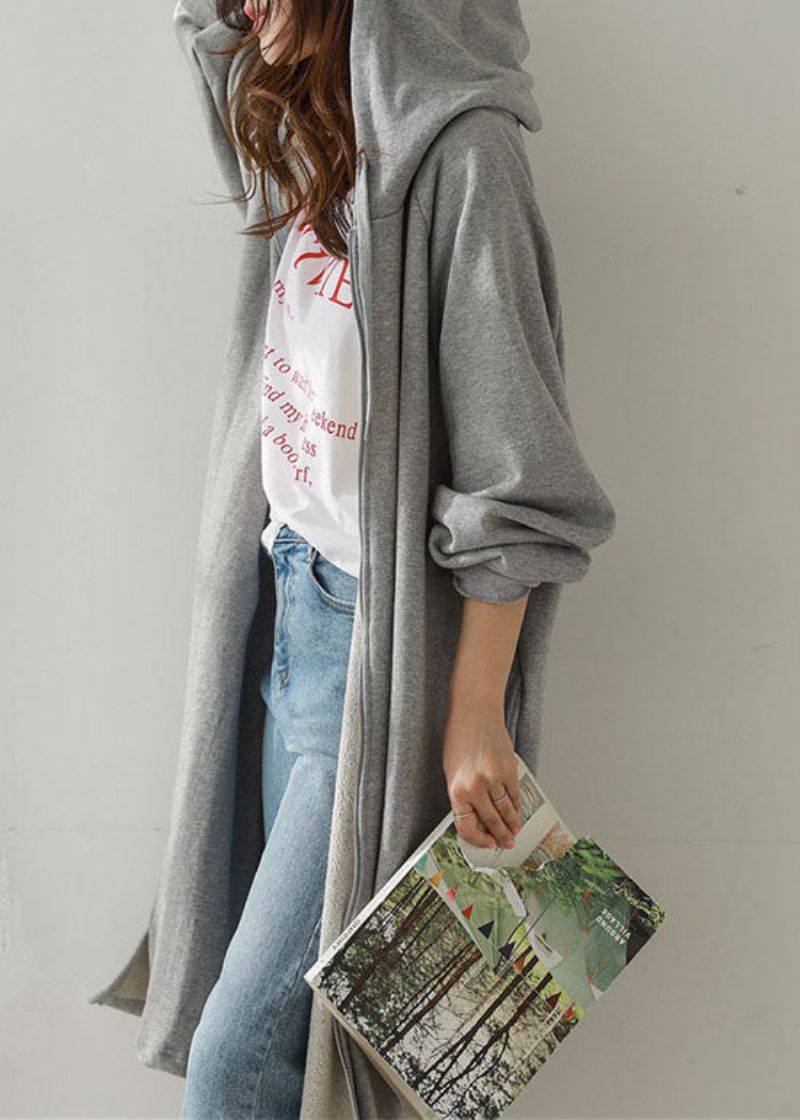 Stijlvolle Grijze Capuchon Met Ritssluiting Warme Fleece Uitloper Lente - Dames winterjassen