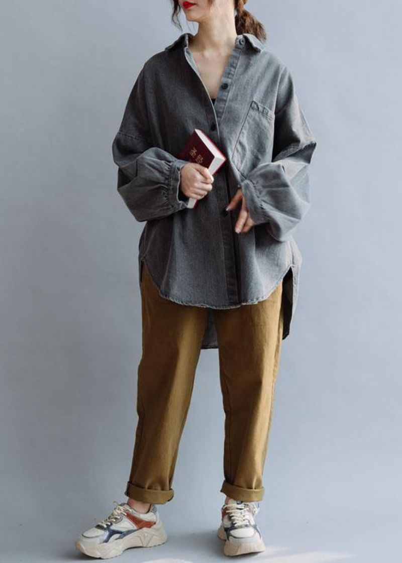 Unieke Denim Grijze Katoenen Blouse Lage Hoge Design Dagelijkse Herfstblouses - Denimgrijs