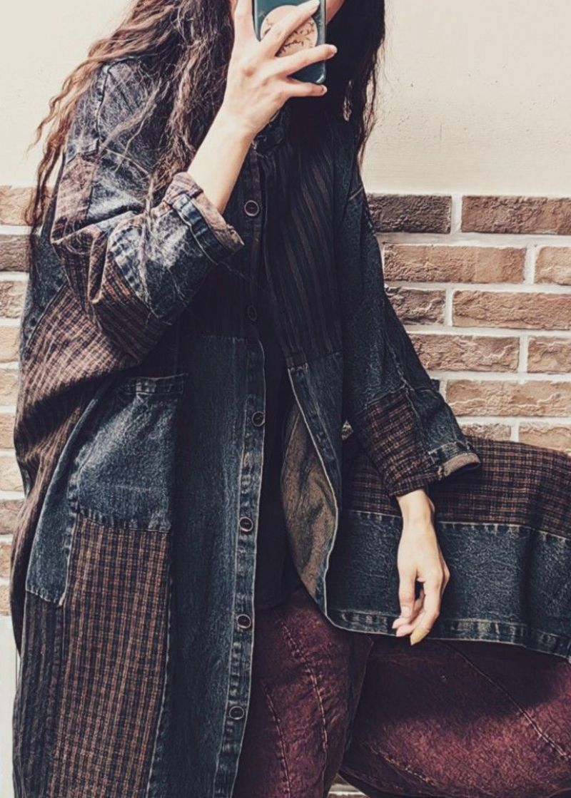 Vintage Colorblock Knoopzakken Denim Patchwork Jas Herfst