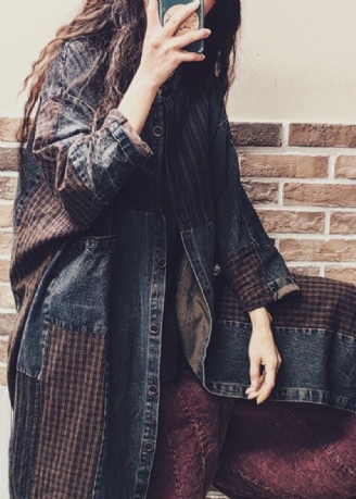 Vintage Colorblock Knoopzakken Denim Patchwork Jas Herfst