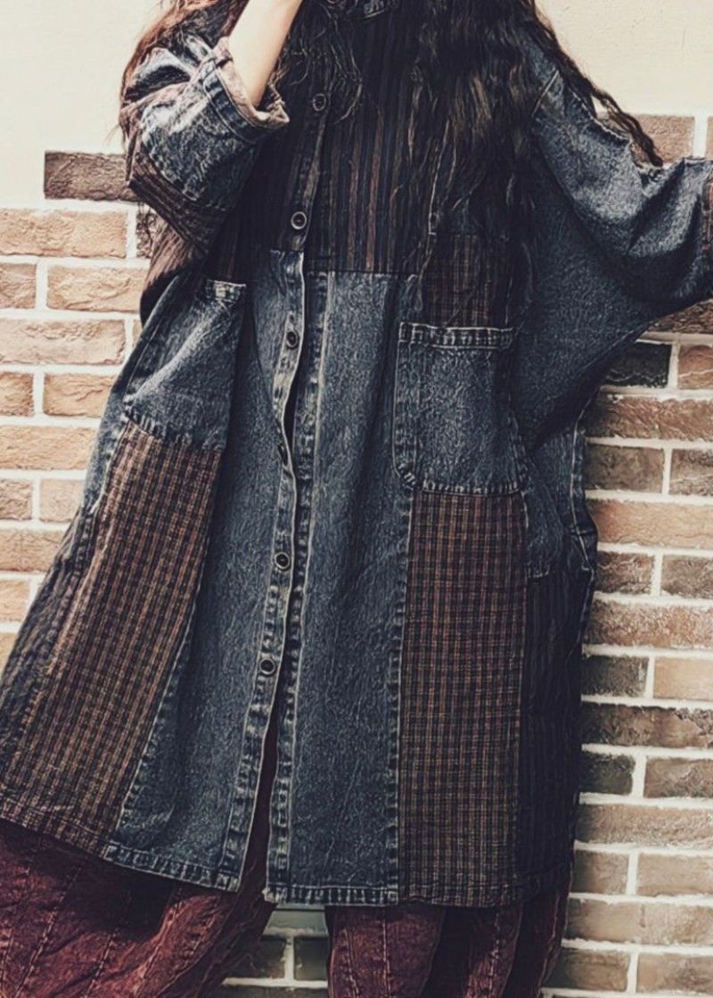 Vintage Colorblock Knoopzakken Denim Patchwork Jas Herfst - Dames winterjassen
