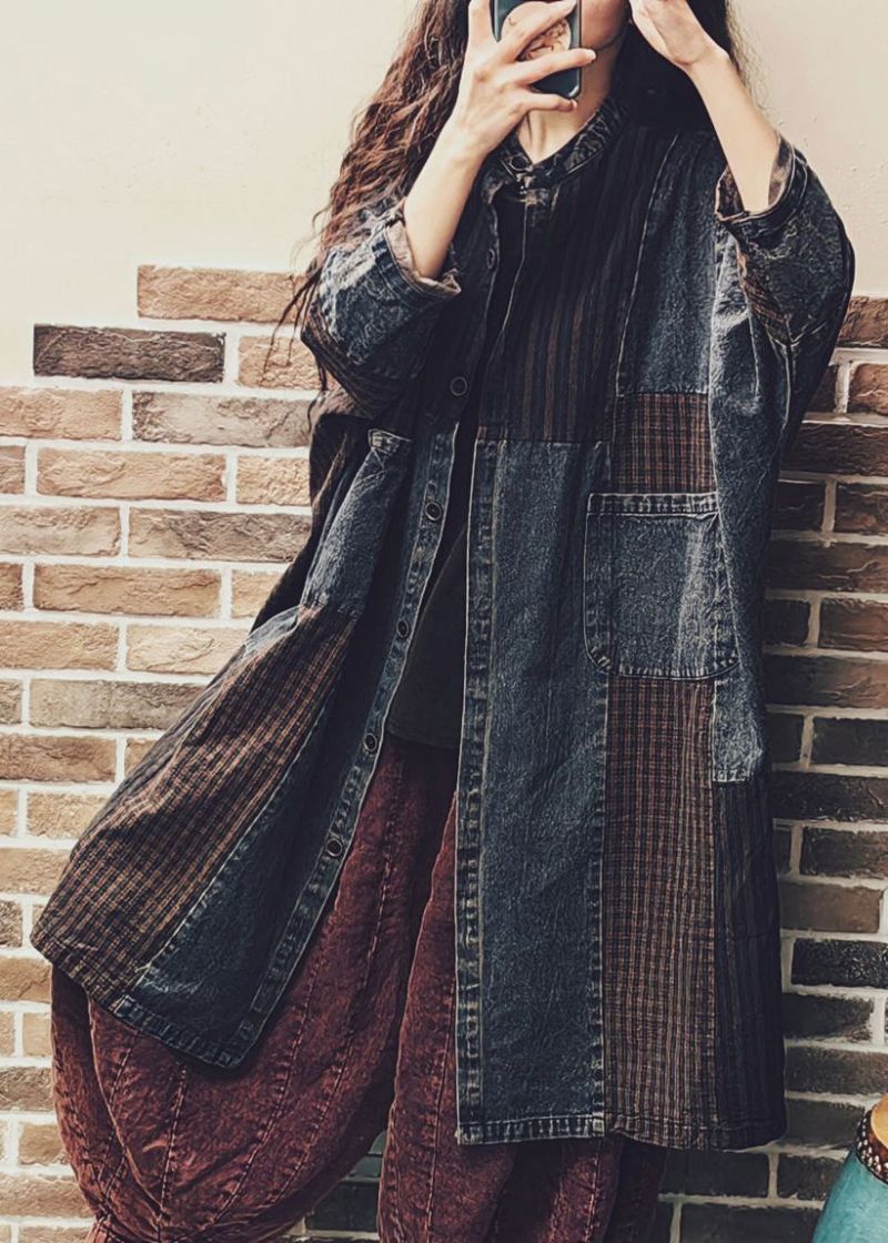 Vintage Colorblock Knoopzakken Denim Patchwork Jas Herfst - Dames winterjassen