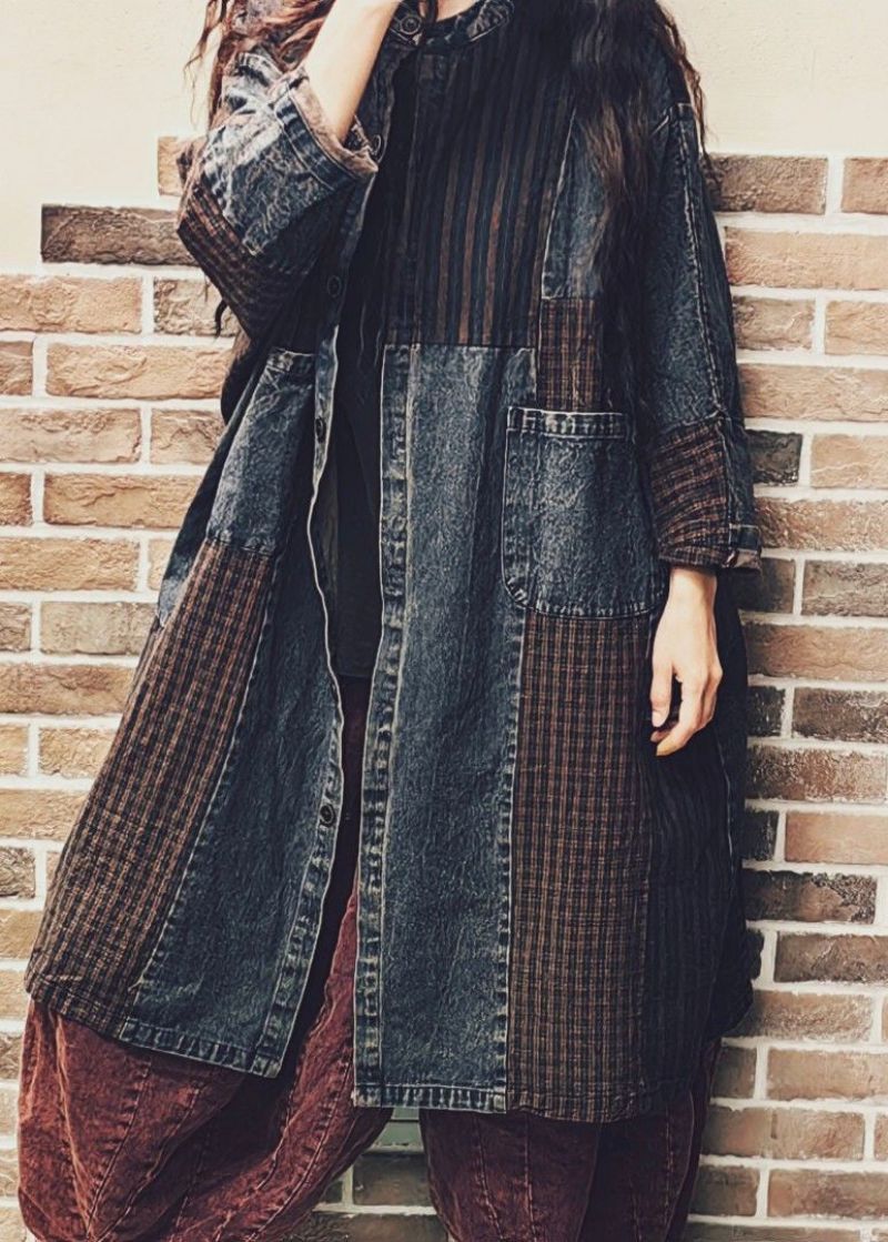 Vintage Colorblock Knoopzakken Denim Patchwork Jas Herfst - Dames winterjassen