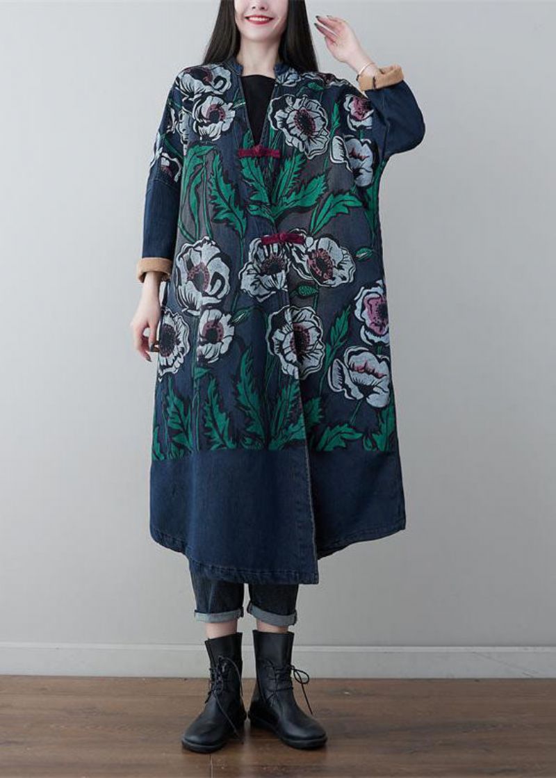 Vintage Denim Blauwe V-hals Patchwork Print Katoenen Jassen Lente