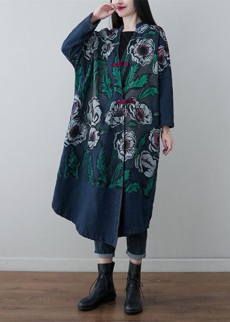 Vintage Denim Blauwe V-hals Patchwork Print Katoenen Jassen Lente - Dames winterjassen