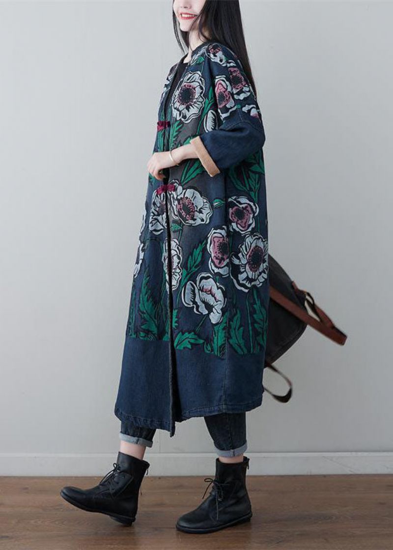 Vintage Denim Blauwe V-hals Patchwork Print Katoenen Jassen Lente - Dames winterjassen