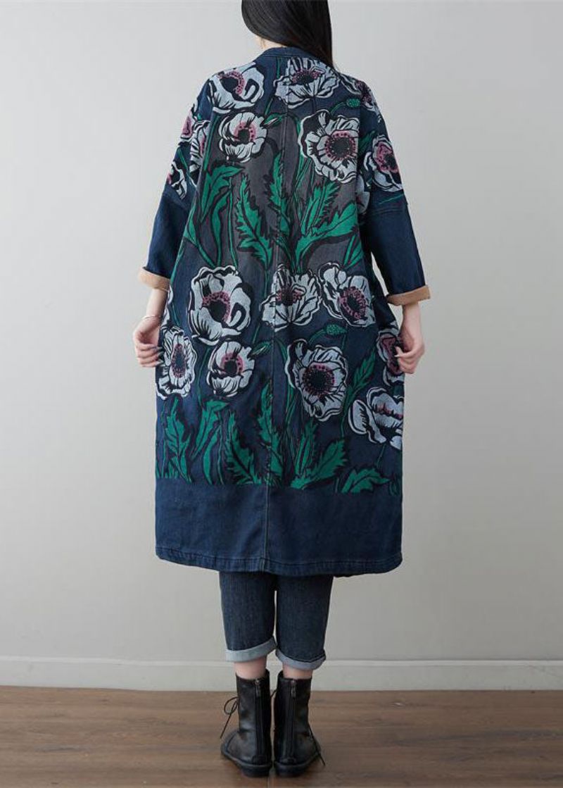 Vintage Denim Blauwe V-hals Patchwork Print Katoenen Jassen Lente - Dames winterjassen