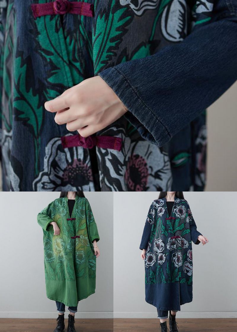 Vintage Denim Blauwe V-hals Patchwork Print Katoenen Jassen Lente - Dames winterjassen
