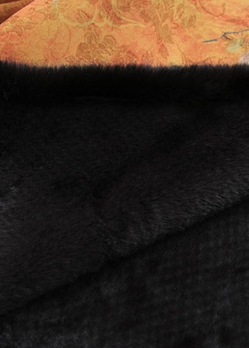 Vintage Gele Chinese Knop Patchwork Zijden Print Warme Fleece Jassen Lente - Dames winterjassen