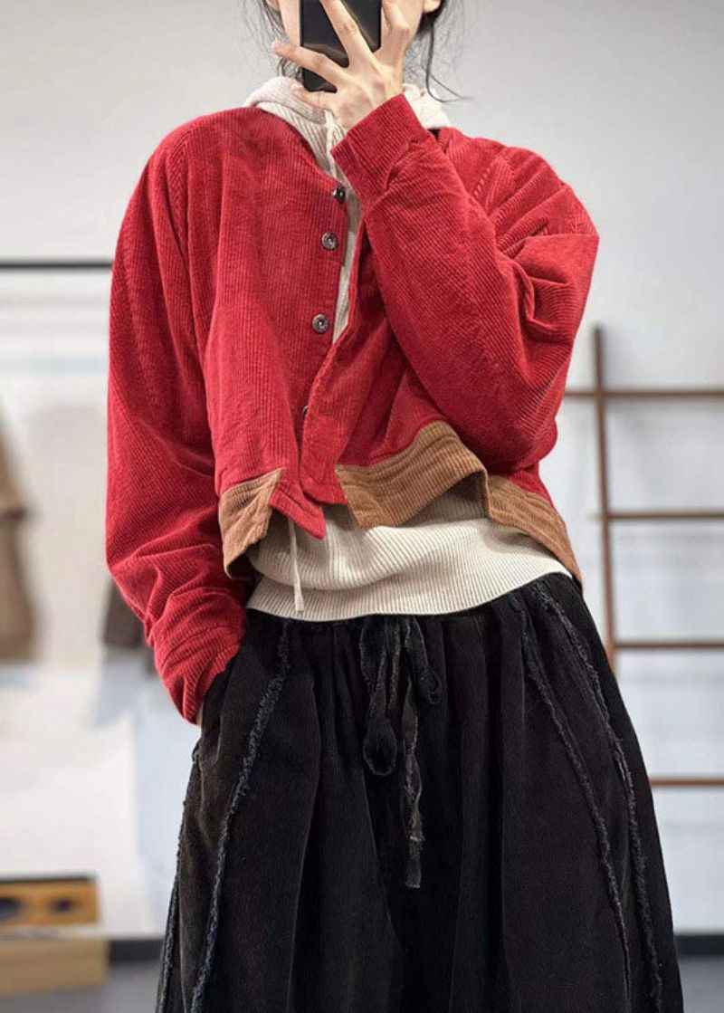Vintage Rode Oversized Patchwork Dikke Corduroy Jas Winter