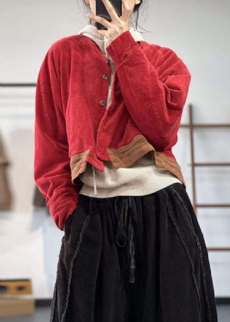 Vintage Rode Oversized Patchwork Dikke Corduroy Jas Winter