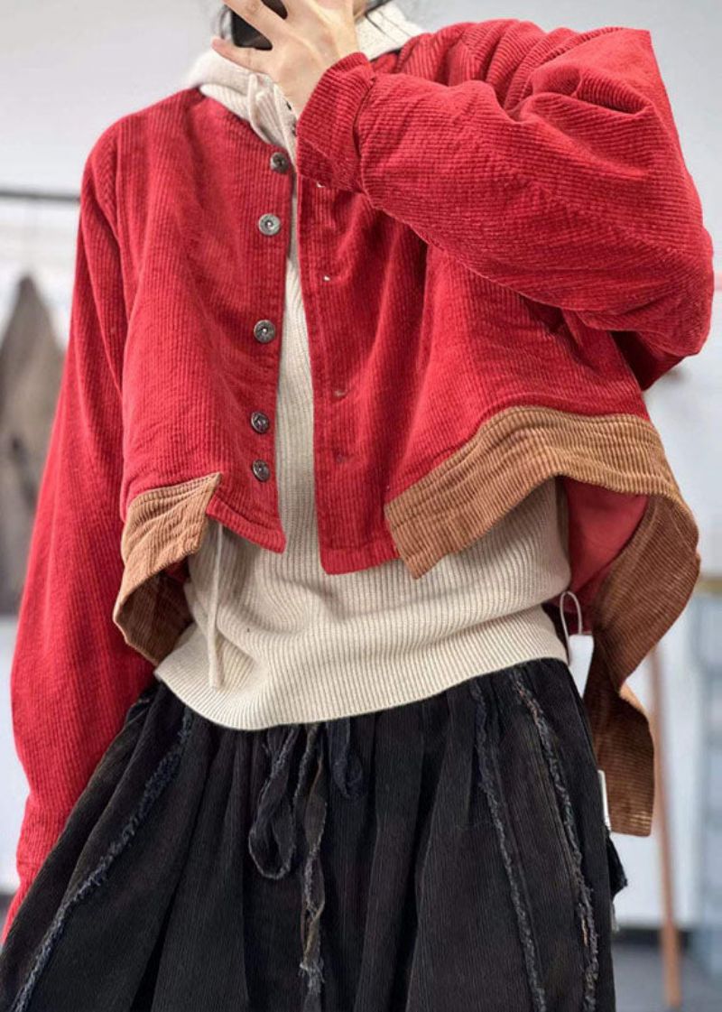 Vintage Rode Oversized Patchwork Dikke Corduroy Jas Winter - Dames winterjassen