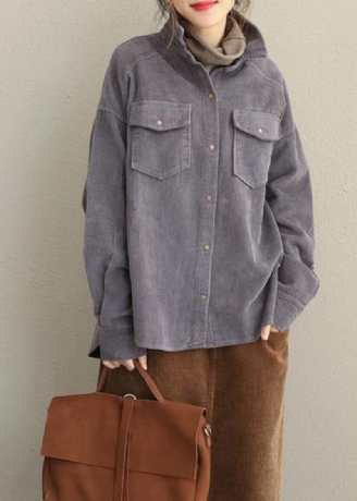 Vintage Roze En Grijze Herfst Losse Corduroy Korte Jas Voor Dames