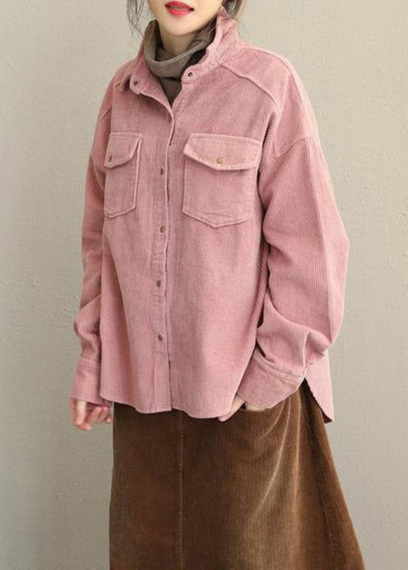Vintage Roze En Grijze Herfst Losse Corduroy Korte Jas Voor Dames - Dames winterjassen