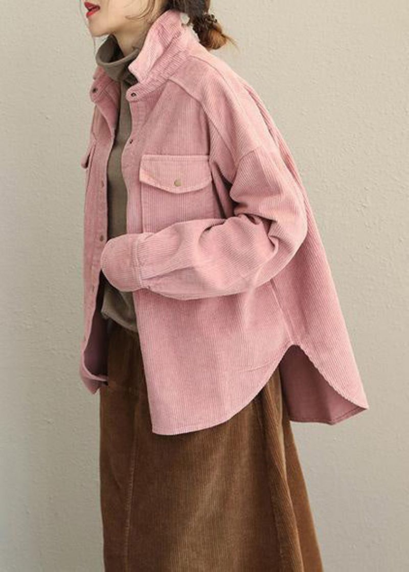 Vintage Roze En Grijze Herfst Losse Corduroy Korte Jas Voor Dames - Dames winterjassen